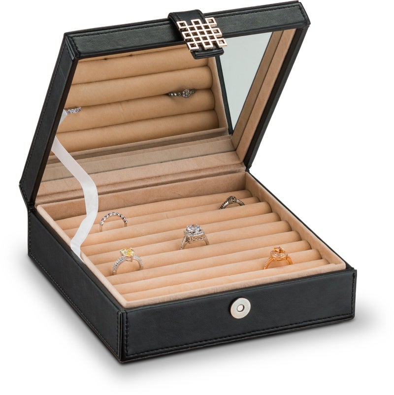 Glenor Co Ring Box Organizer - 54 Slot Classic Jewelry Display Case Holder - Storage Tray with Modern Buckle Closure, Large Mirror - for Rings and Cufflinks - Small for Travel - PU leather - Black - Image 1